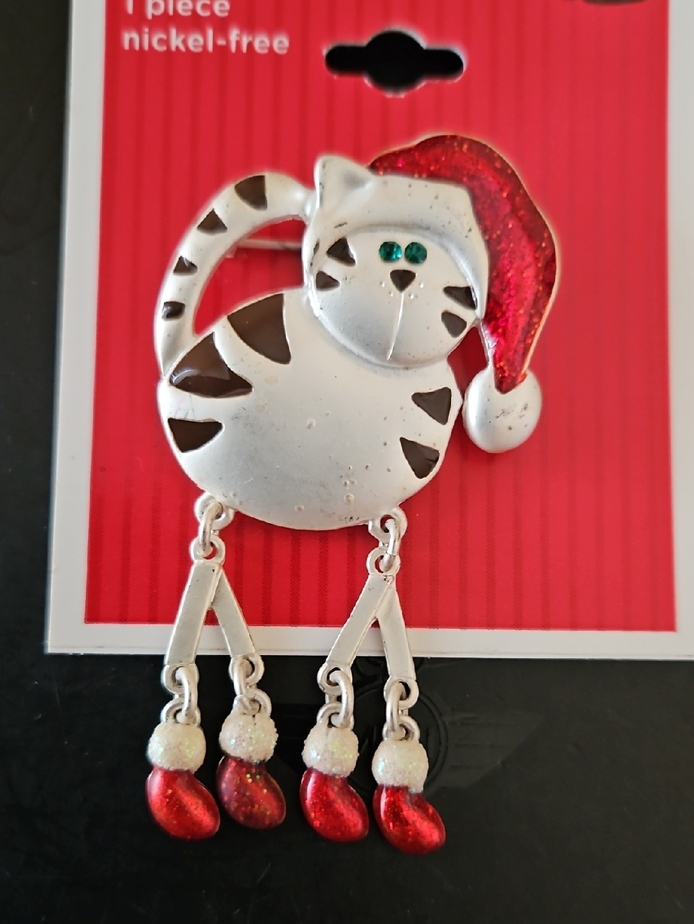 Festive Cat Holiday Brooch Pin in Red and Silver